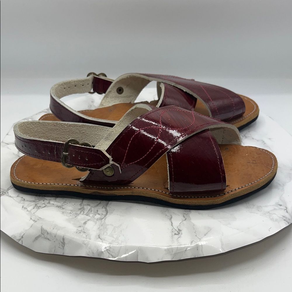 MEXICAN HANDCRAFTED Maroon Patent Leather Cruzado Huaraches Sandals-7